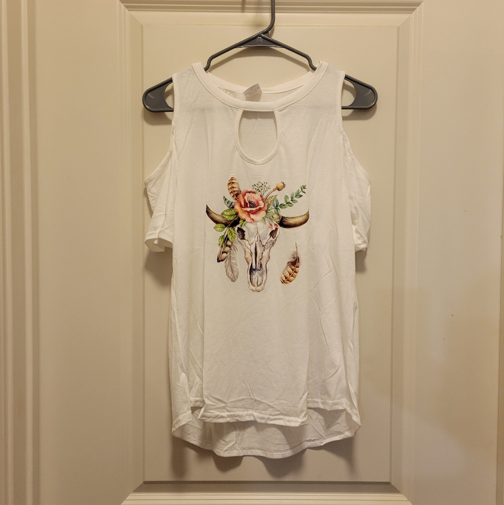 White Boutique Western Cow Cold Shoulder Blouse